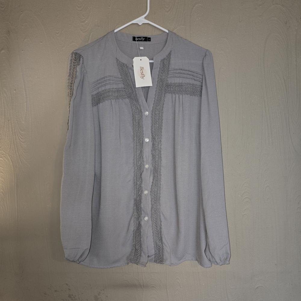 Women's Long Sleeve Gray Boho Blouse - Besfly  L